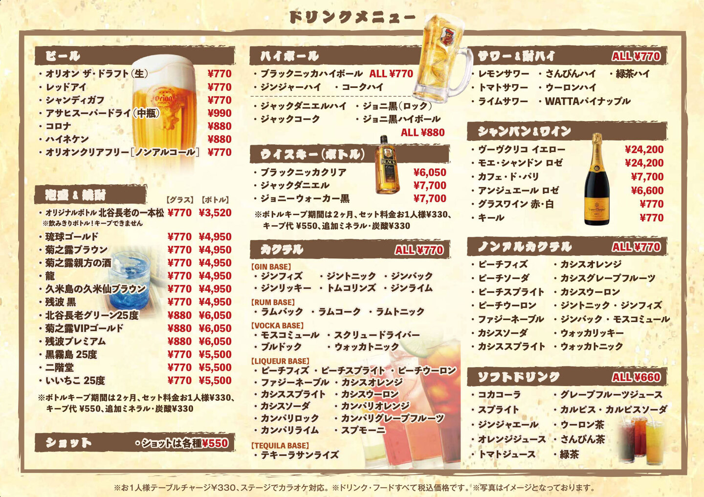 飲み放題から各種お酒ソフトドリンク豊富に準備しております。